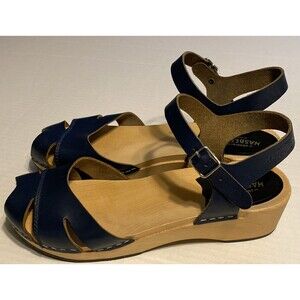Swedish Hasbeens Peep Toe Clogs Sandals Women's Sz 39 Leather 8.5/9 Navy Blue